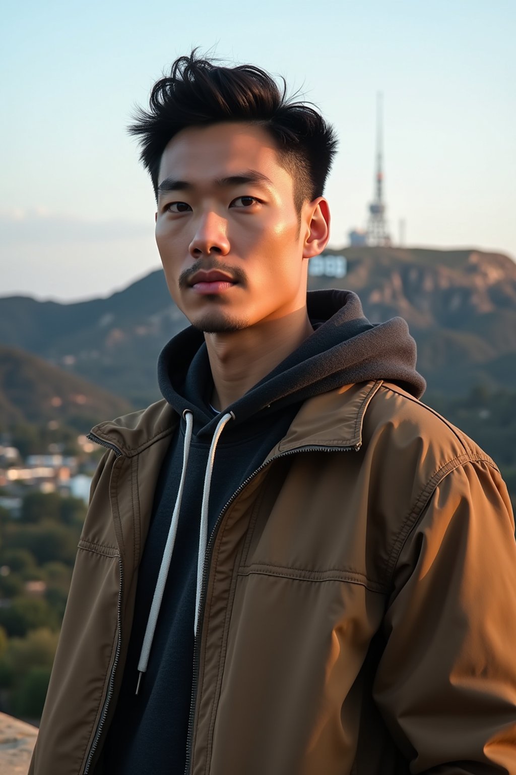 man as digital nomad in Los Angeles with the Hollywood sign in the background