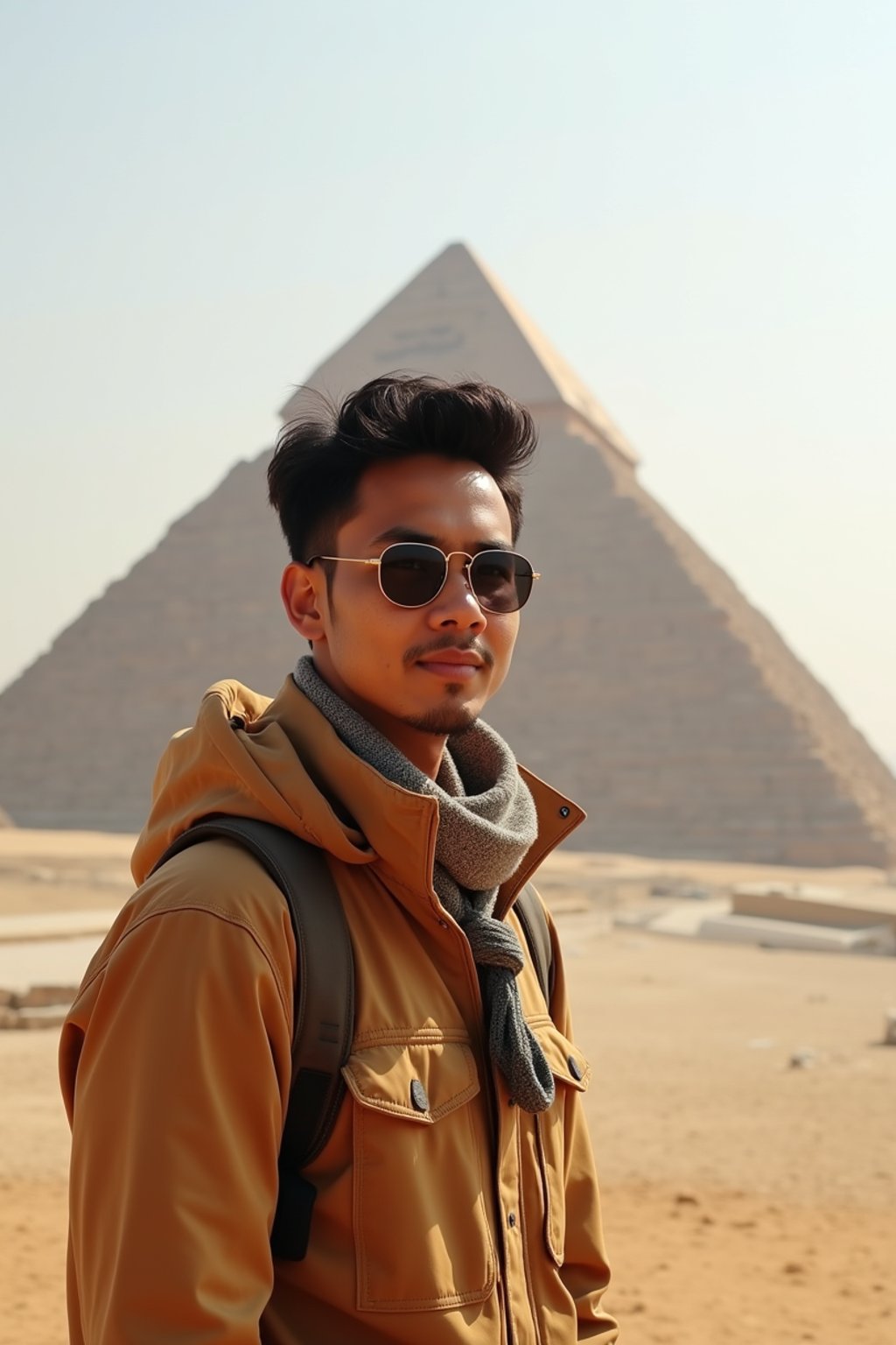 man as digital nomad in Cairo with the Pyramids of Giza in the background