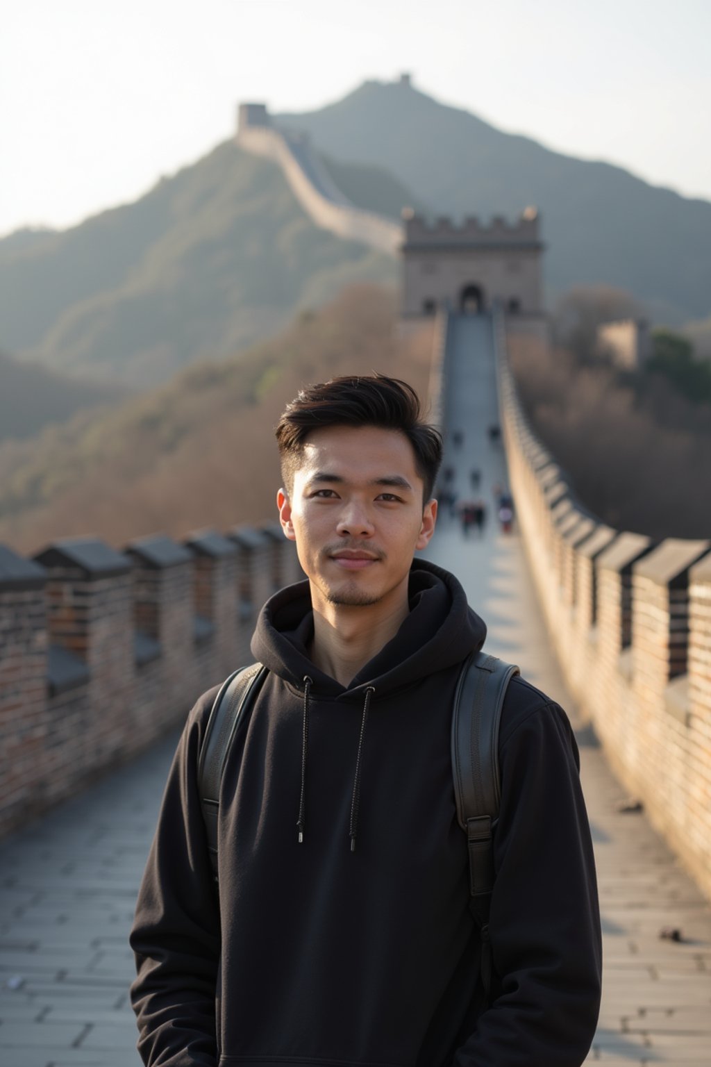 man as digital nomad in Beijing with the Great Wall in the background