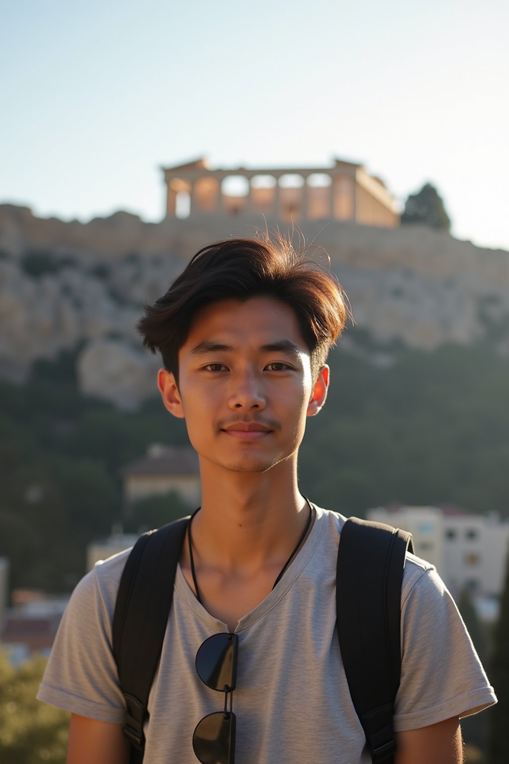 man as digital nomad in Athens with the Acropolis in the background