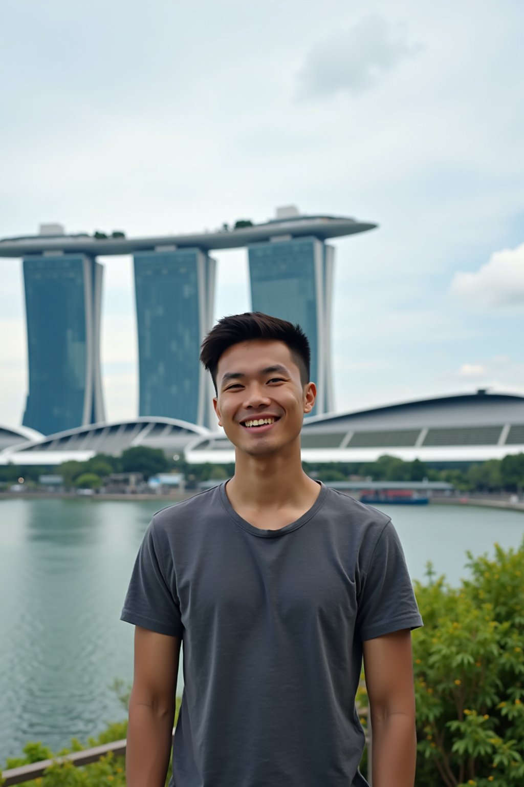 man as digital nomad in Singapore with Marina Bay Sands in background