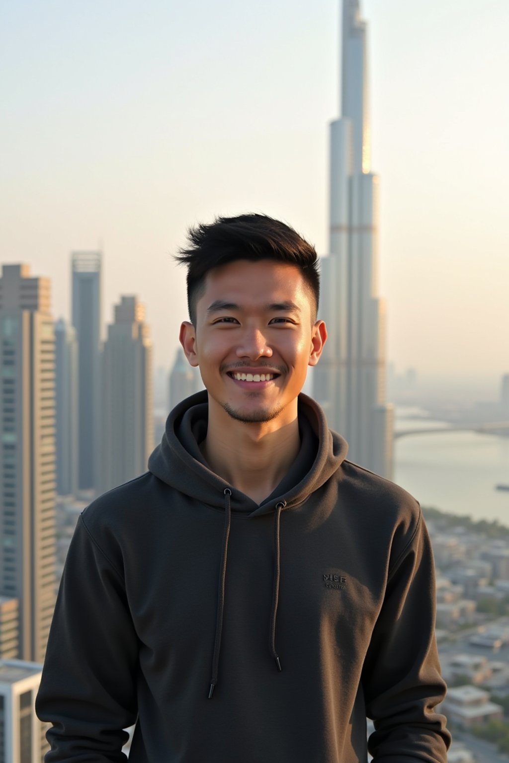 man as digital nomad in Dubai with skyline in background