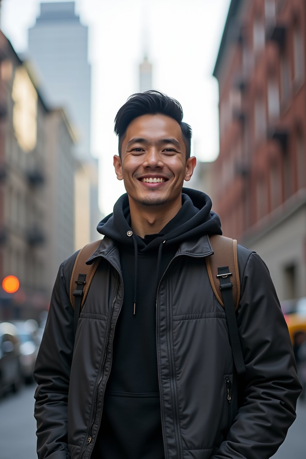 man as digital nomad in New York City with Manhattan in background