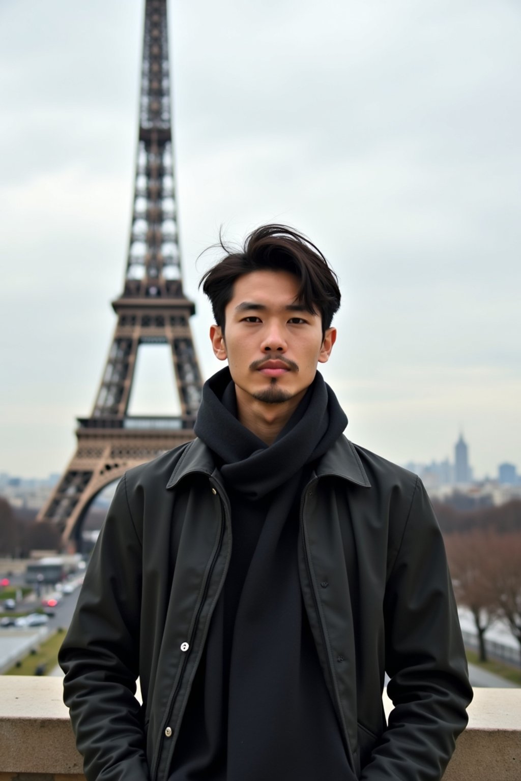 man as digital nomad in Paris with the Eiffel Tower in background