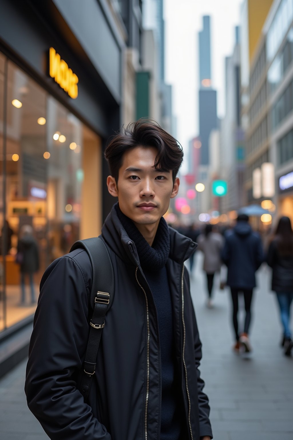 man as digital nomad in Seoul in Gangnam in Cheongdamdong Luxury Shopping street. stores visible in background