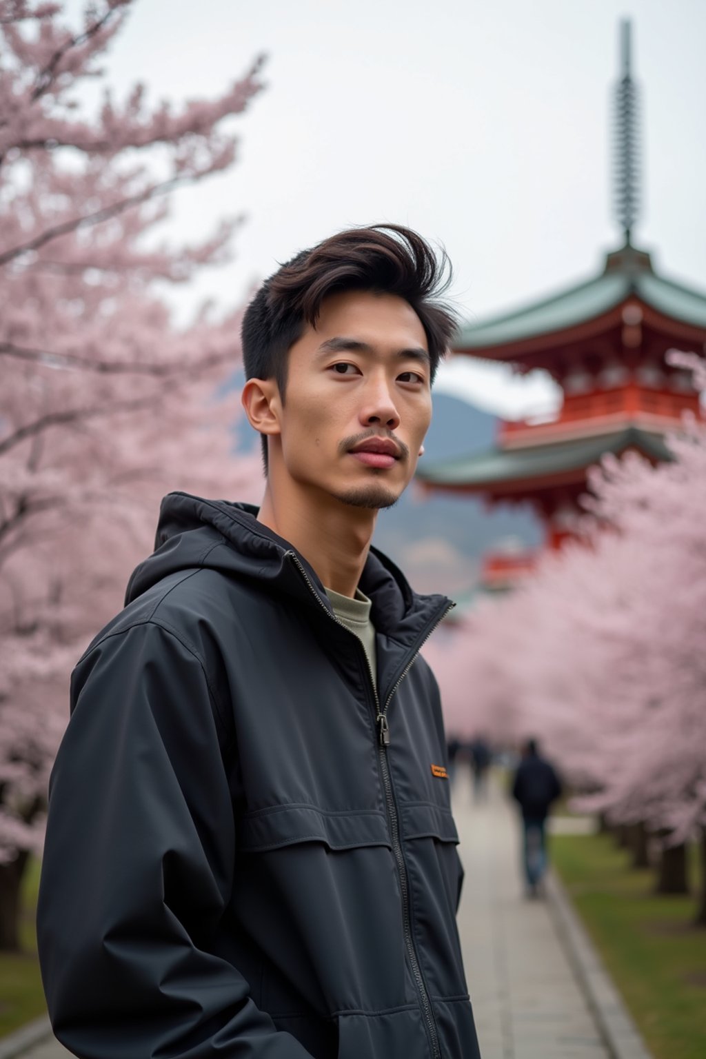 man as digital nomad in Japan with Japanese Cherry Blossom Trees and Japanese temples in background