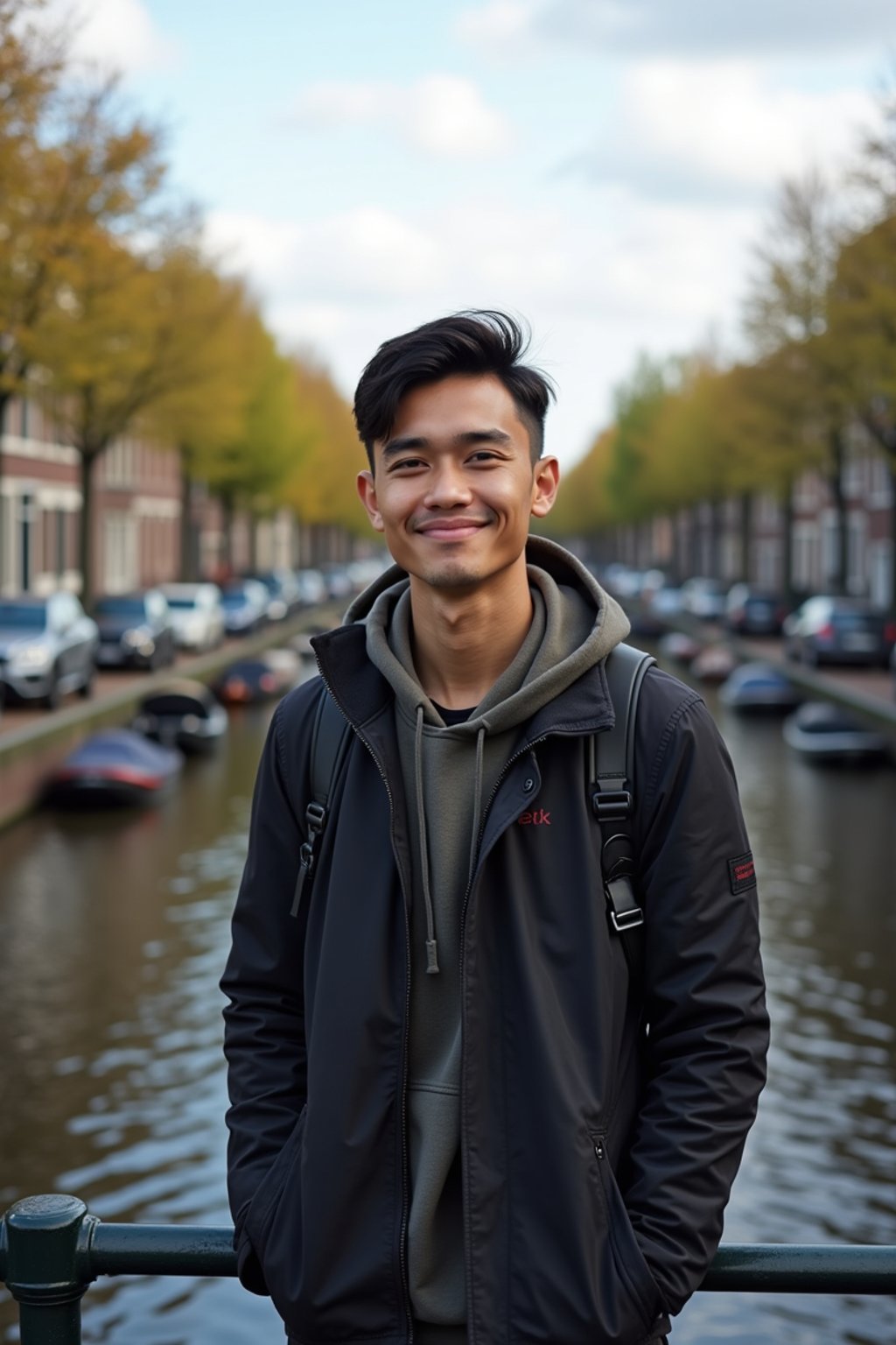 man as digital nomad in Amsterdam with the Amsterdam Canals in background