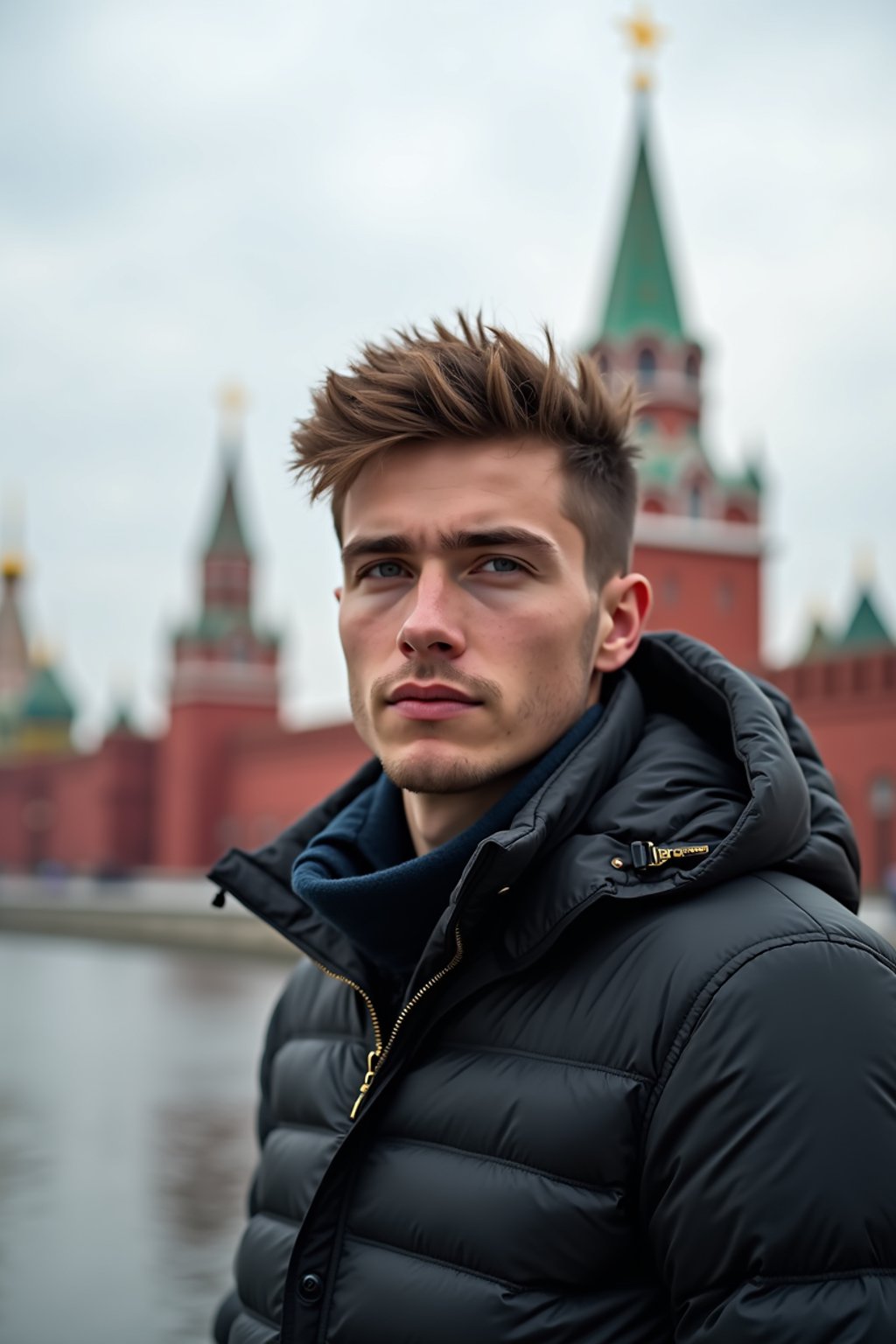 man as digital nomad in Moscow with the Kremlin in the background