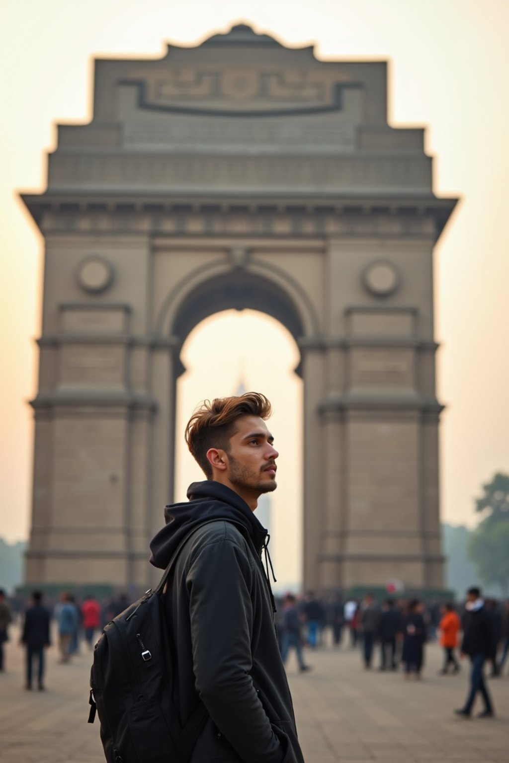 man as digital nomad in Delhi with the India Gate in the background