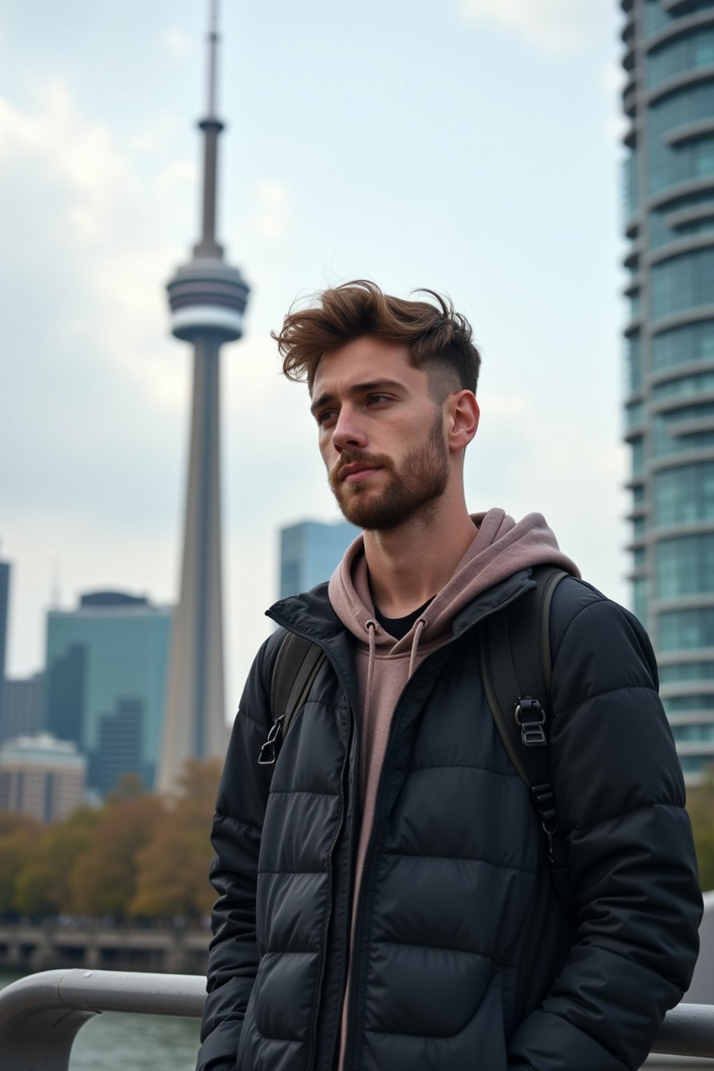 man as digital nomad in Toronto with the CN Tower in the background