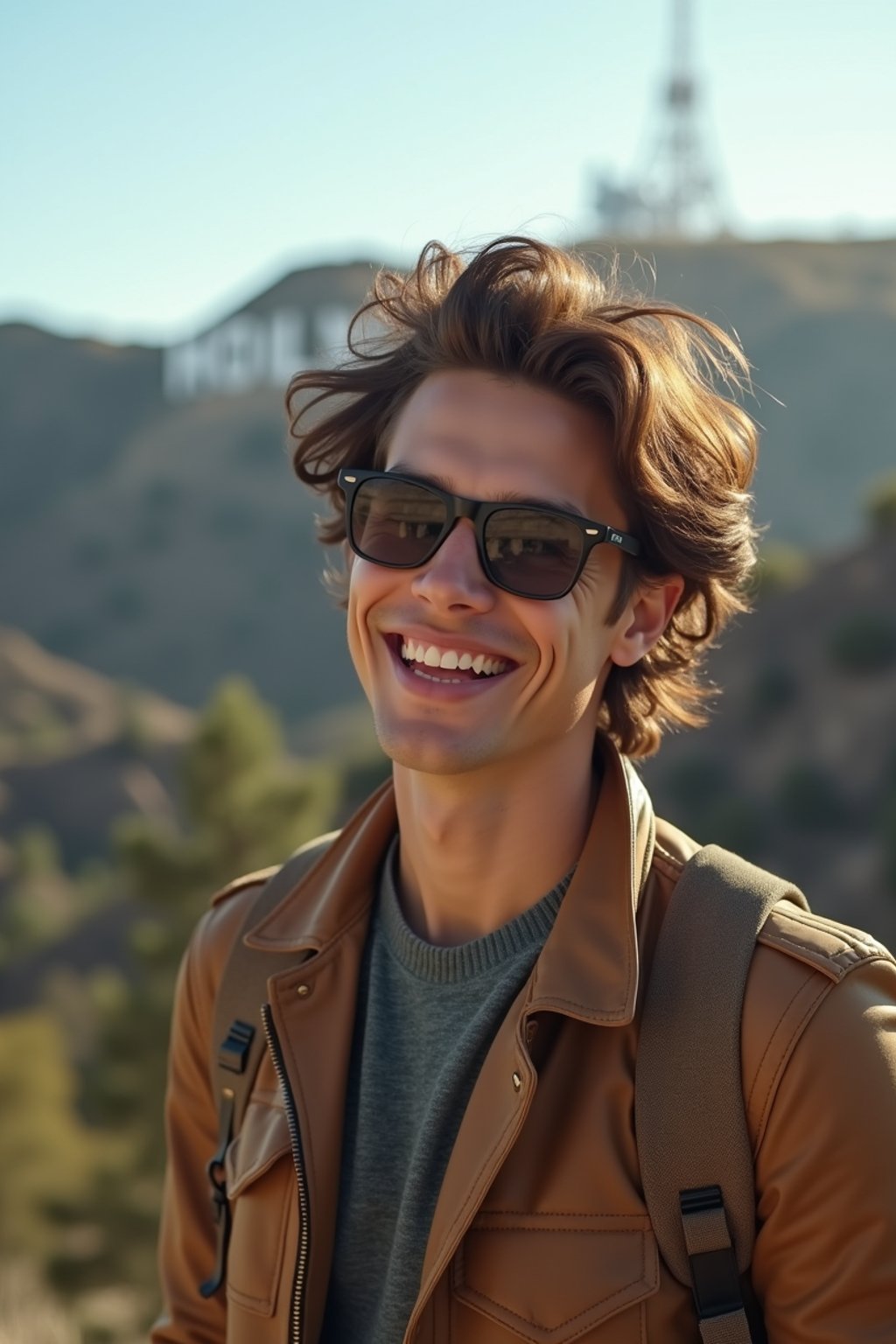 man as digital nomad in Los Angeles with the Hollywood sign in the background