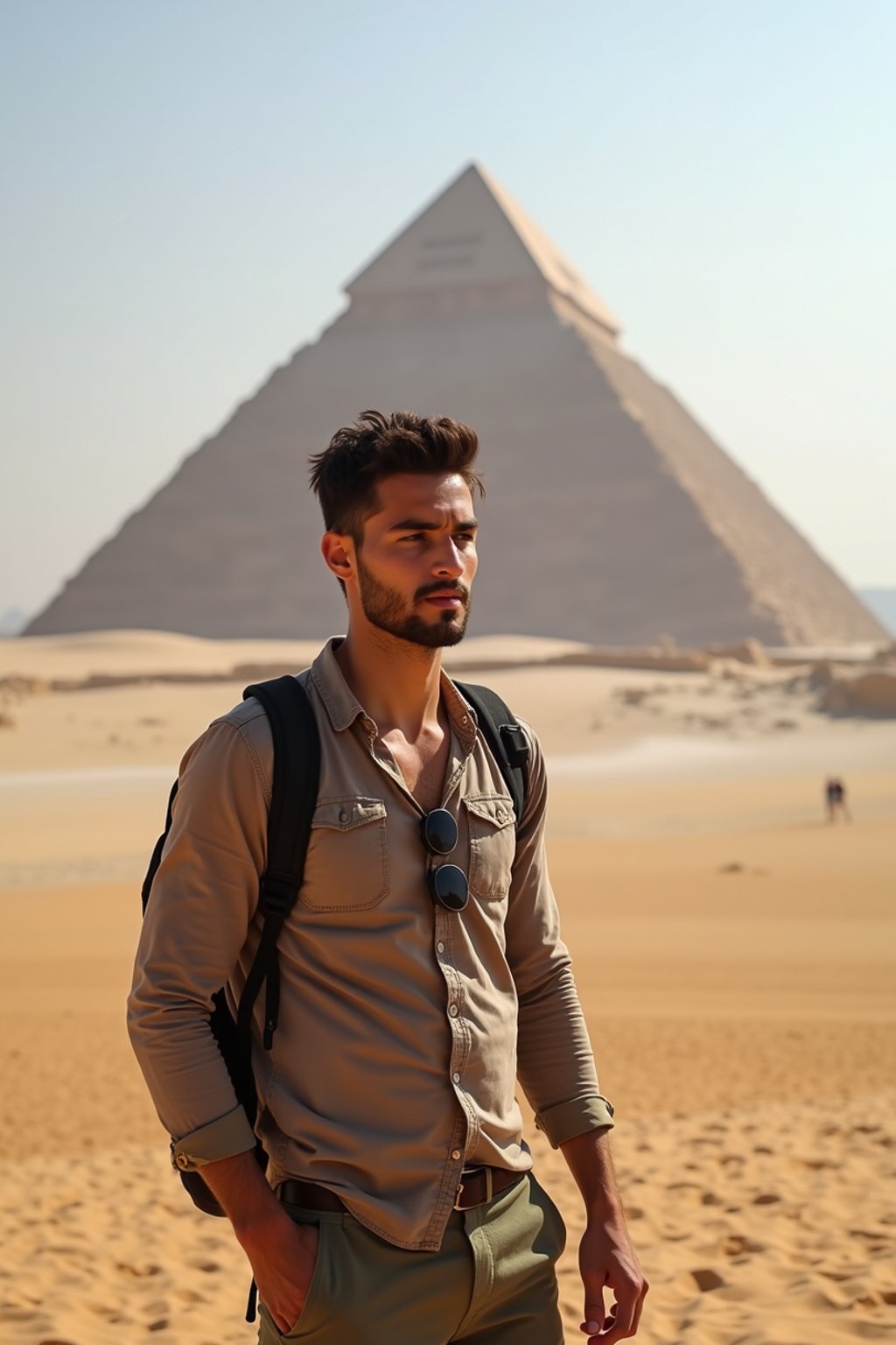 man as digital nomad in Cairo with the Pyramids of Giza in the background