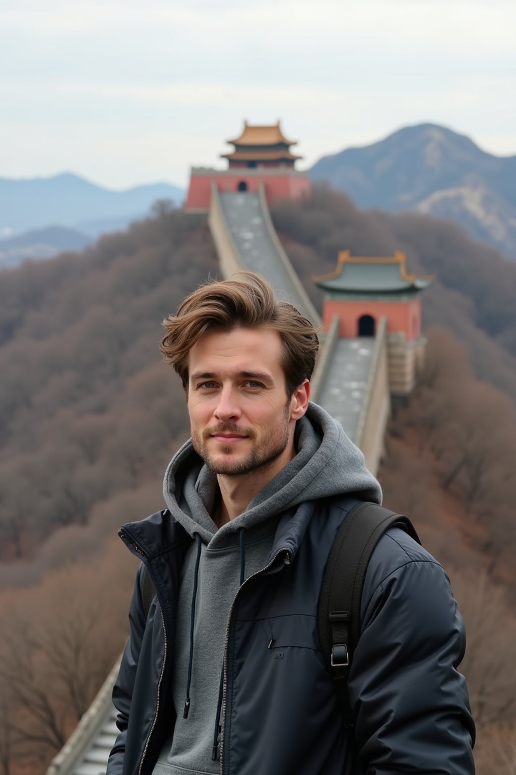 man as digital nomad in Beijing with the Great Wall in the background