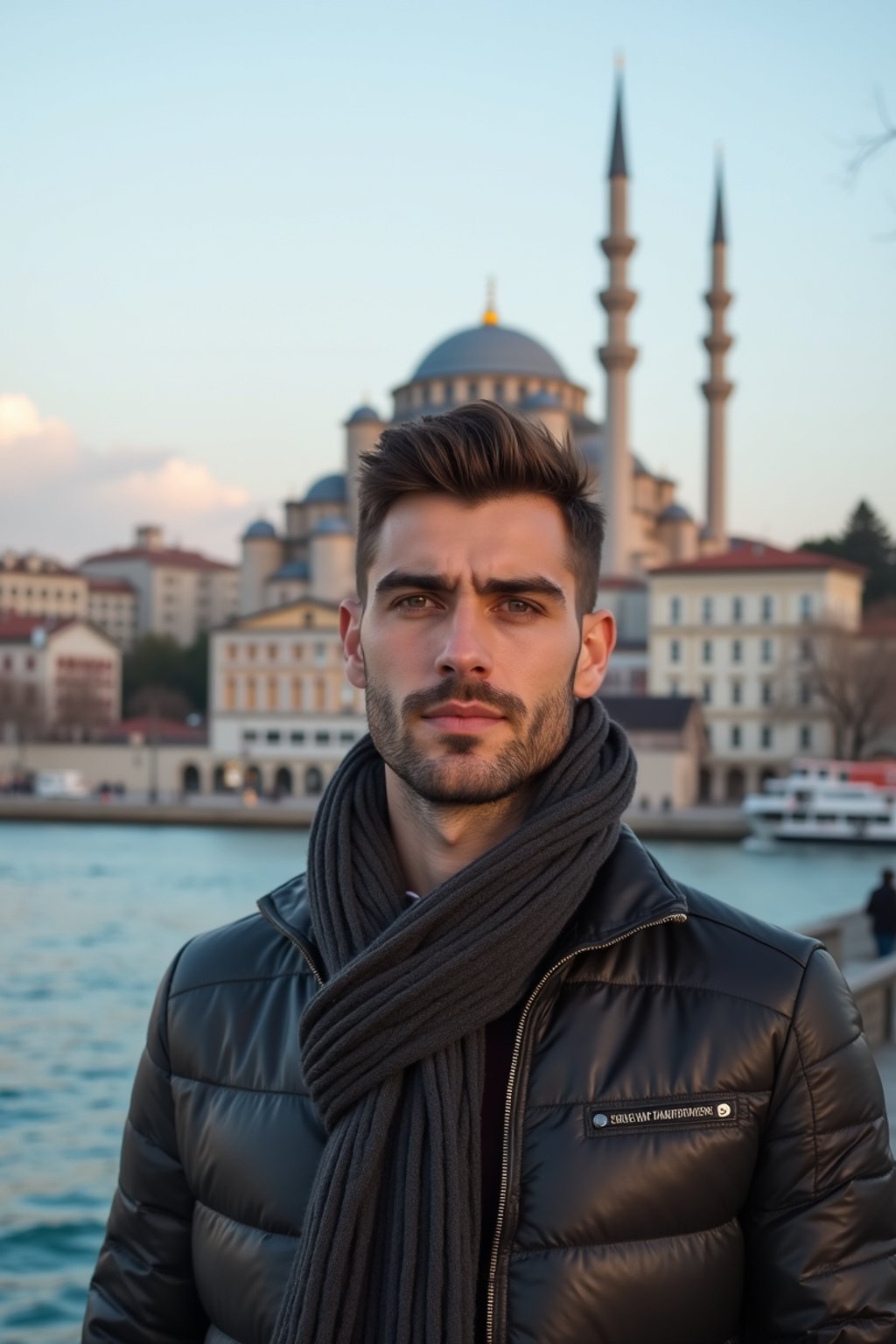 man as digital nomad in Istanbul with The Mosque in background