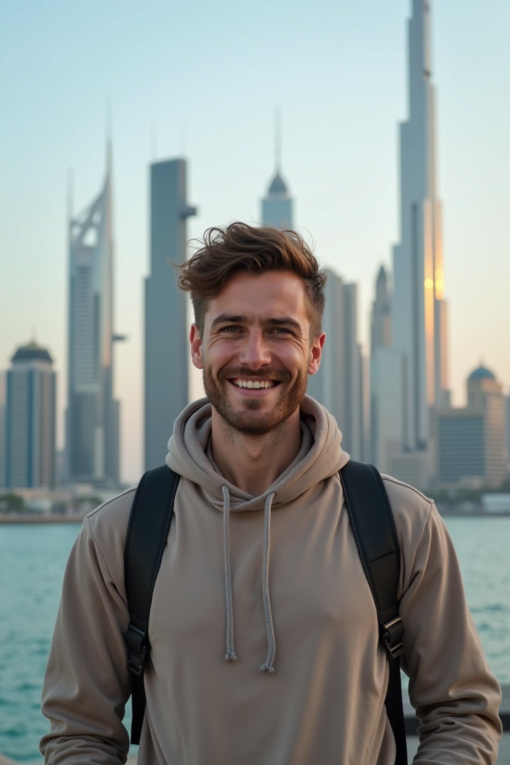 man as digital nomad in Dubai with skyline in background