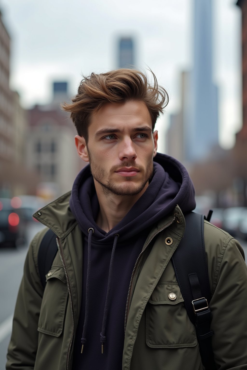 man as digital nomad in New York City with Manhattan in background