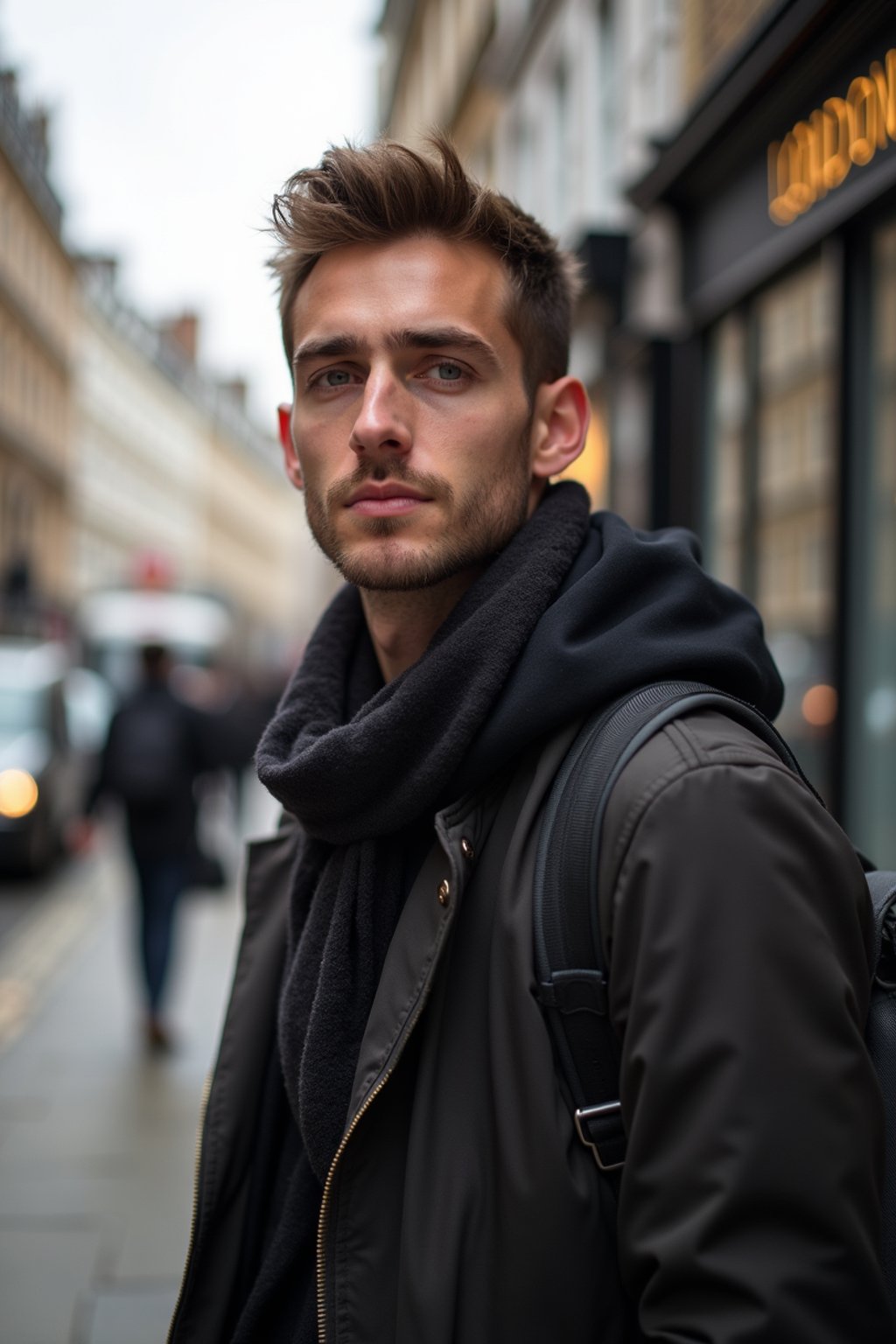 man as digital nomad in London in Soho background