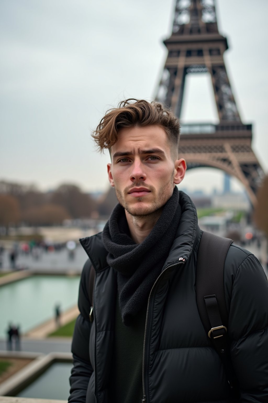 man as digital nomad in Paris with the Eiffel Tower in background