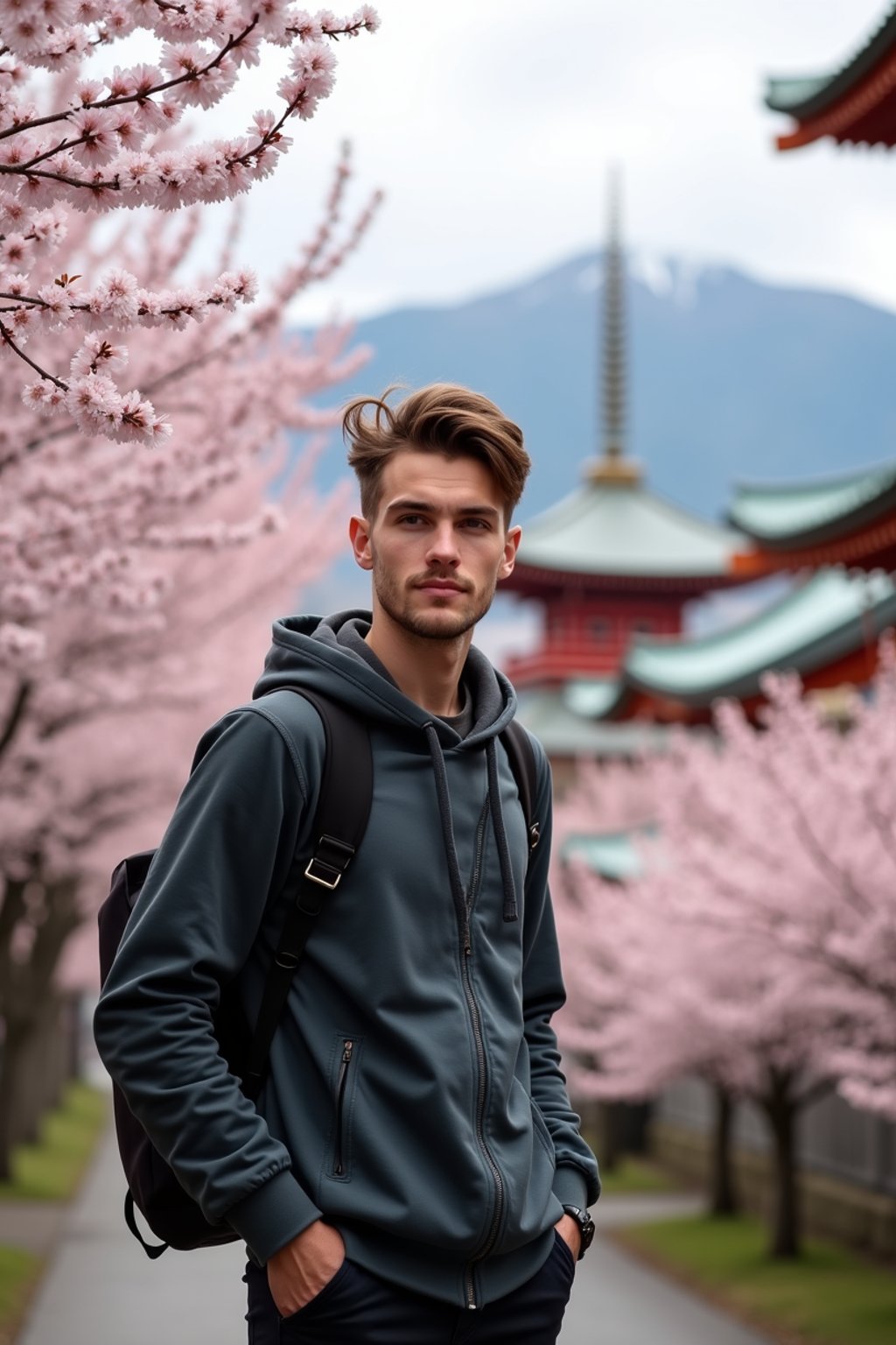 man as digital nomad in Japan with Japanese Cherry Blossom Trees and Japanese temples in background