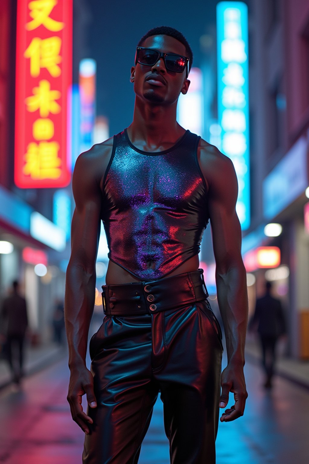 man wearing sleek leather pants with neon highlights and holographic top in a Bladerunner-inspired cityscape