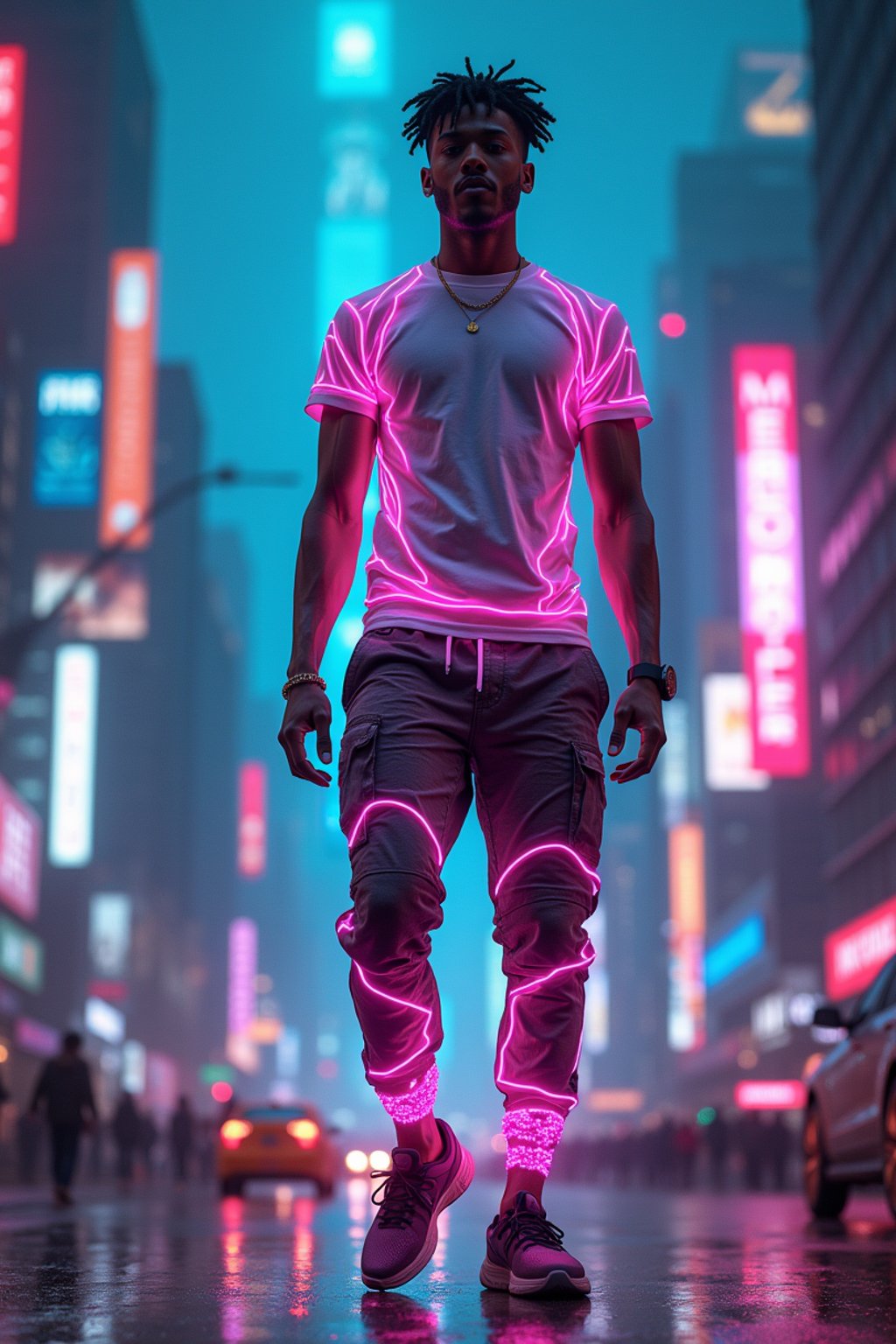 man wearing sporty neon  t-shirt and holographic joggers in a dystopian digital cityscape