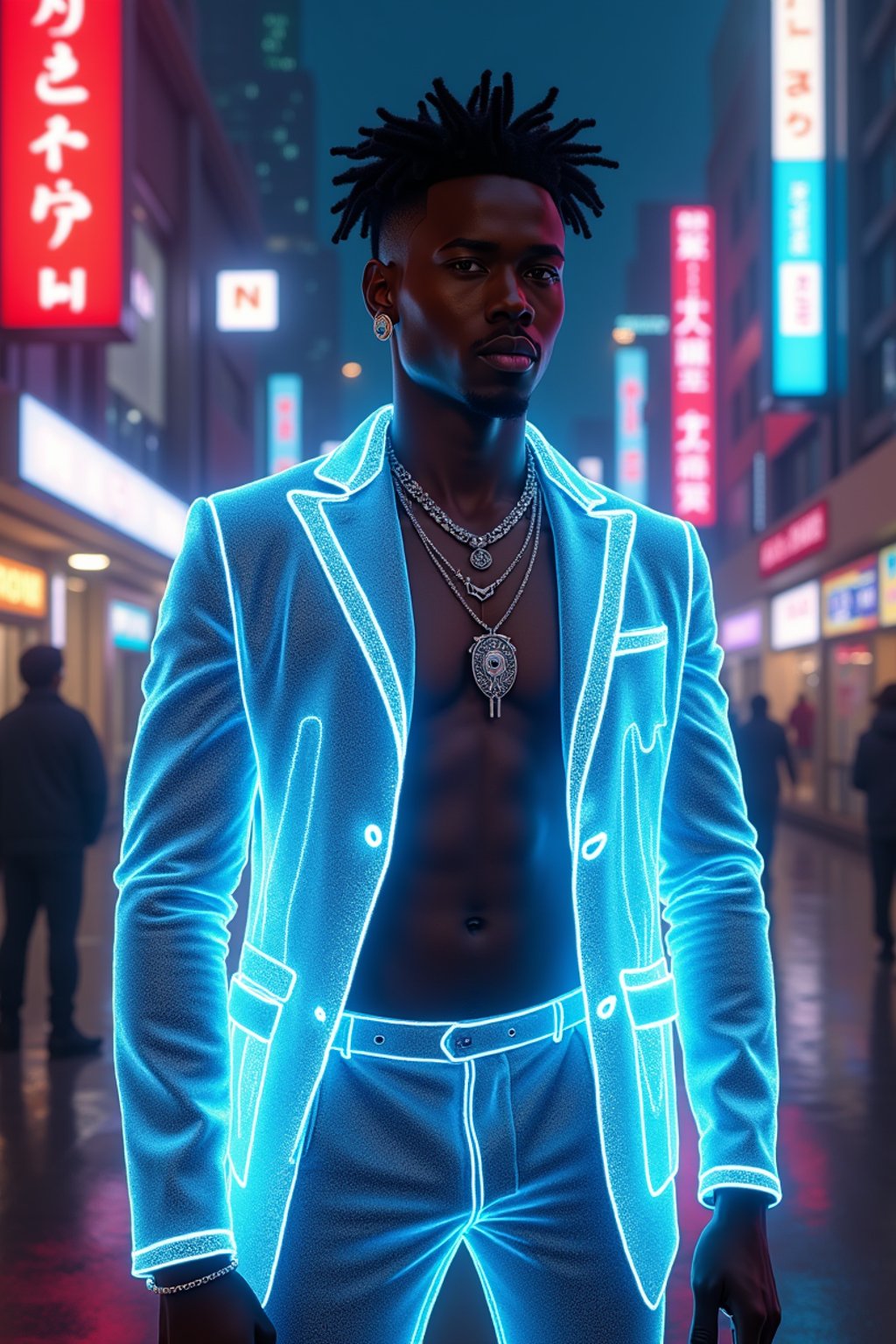 man wearing  holographic nightclub outfit in a cybernetic cityscape