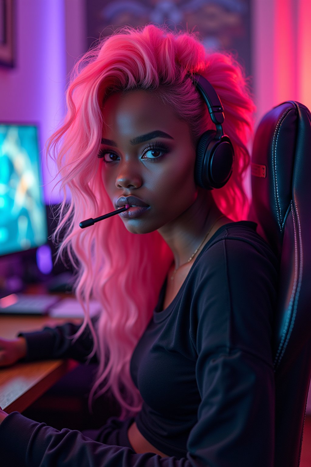 amazingly detailed man, masterpiece, ultra hd, full shot, dynamic angle, beautiful girl, computer gamer, gaming computer, gaming chair, playing cyberpunk 2077, neon bedroom, streamer setup, , cyberpunk theme, wild long hair, Wavy Cut with Curtain Bangs, bubblegum pink hair, high detail hair, smokey eye shadow, high detail skin, high detail eyes, seductive eyes, smokey makeup