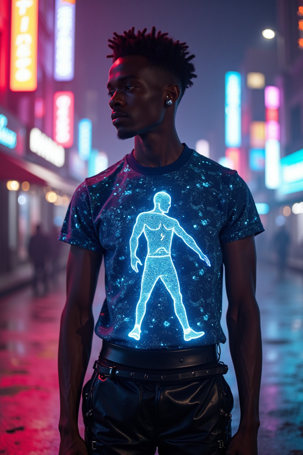 man wearing  holographic t-shirt and cybernetic trousers in a neon-lit Bladerunner-inspired cityscape