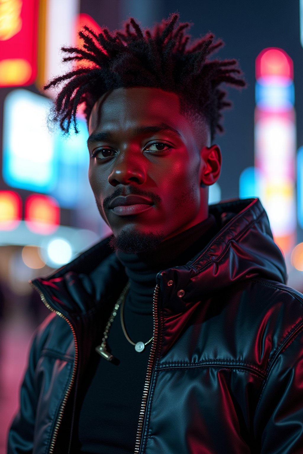 cosplayer man in a cyberpunk outfit, posing against the backdrop of bright city lights