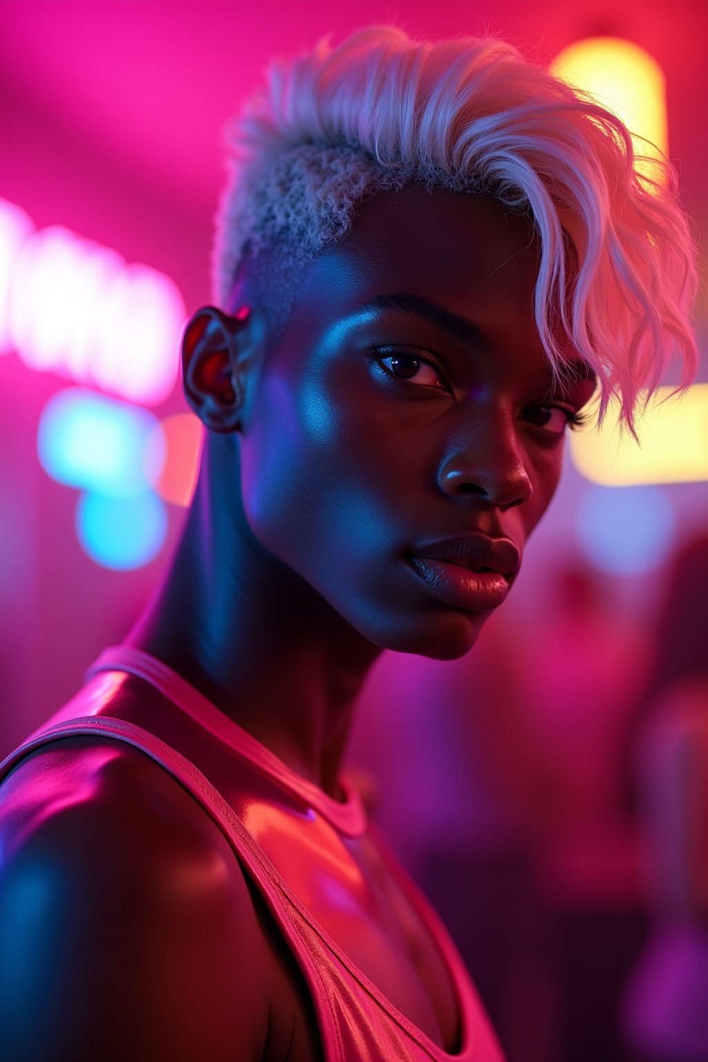 man with platinum blonde hair, in neon bar, cyberpunk, pink latex crop top, professional award winning photography, beautiful detailed eyes, highly detailed glossy eyes, high detailed skin, skin pores