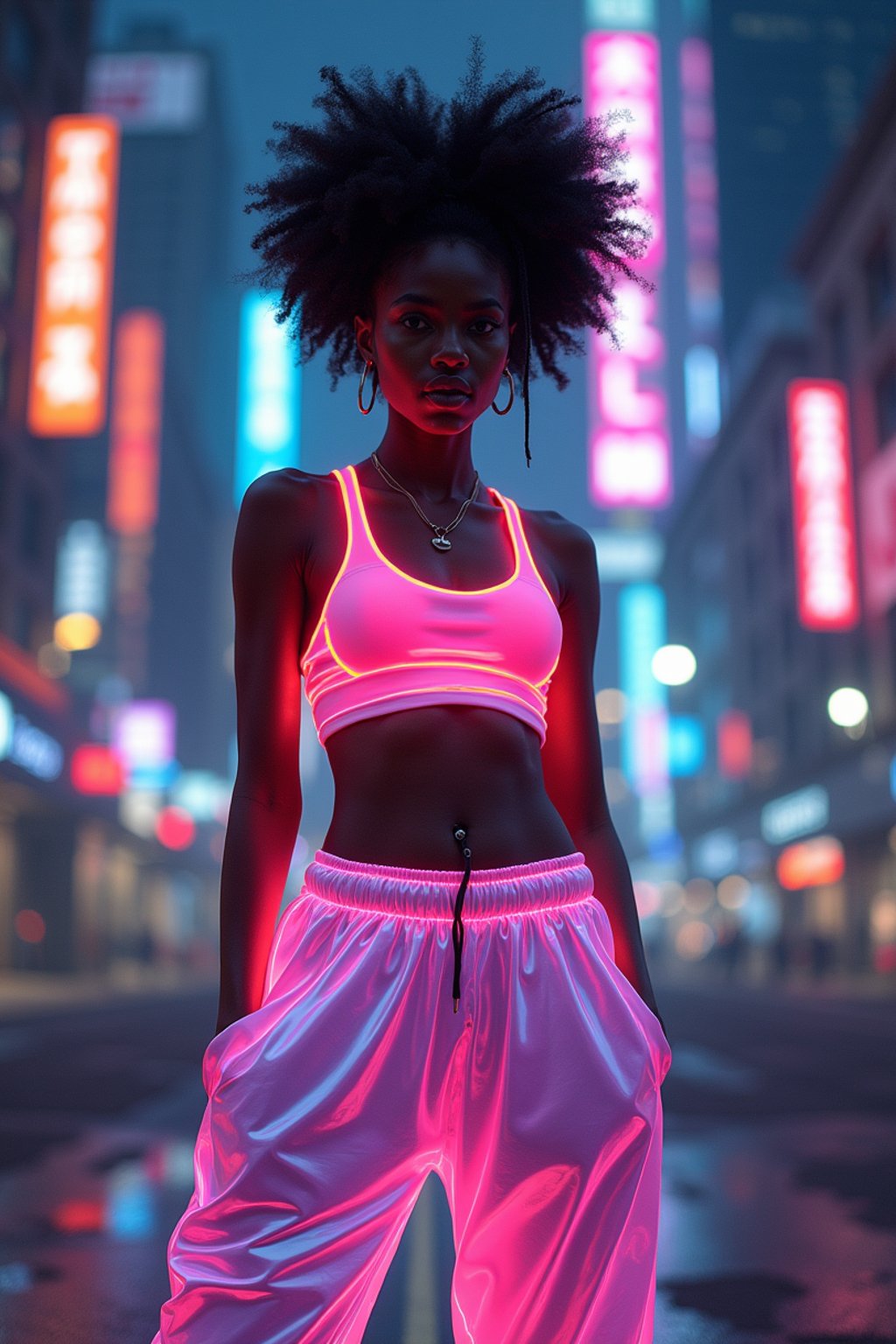 woman wearing sporty neon crop top  and holographic joggers in a dystopian digital cityscape