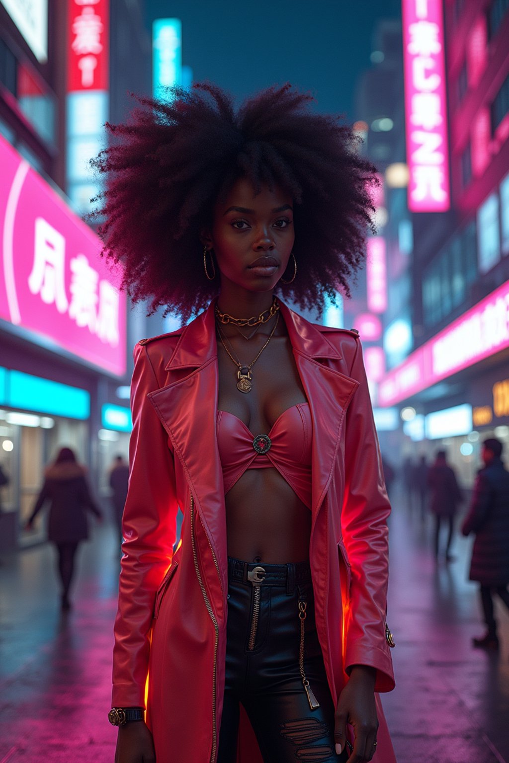 cyberpunk woman with futuristic cyberpunk neon clothes standing in cyberpunk city with neon lights city on Mars in future, neon billboards, skyscrapers