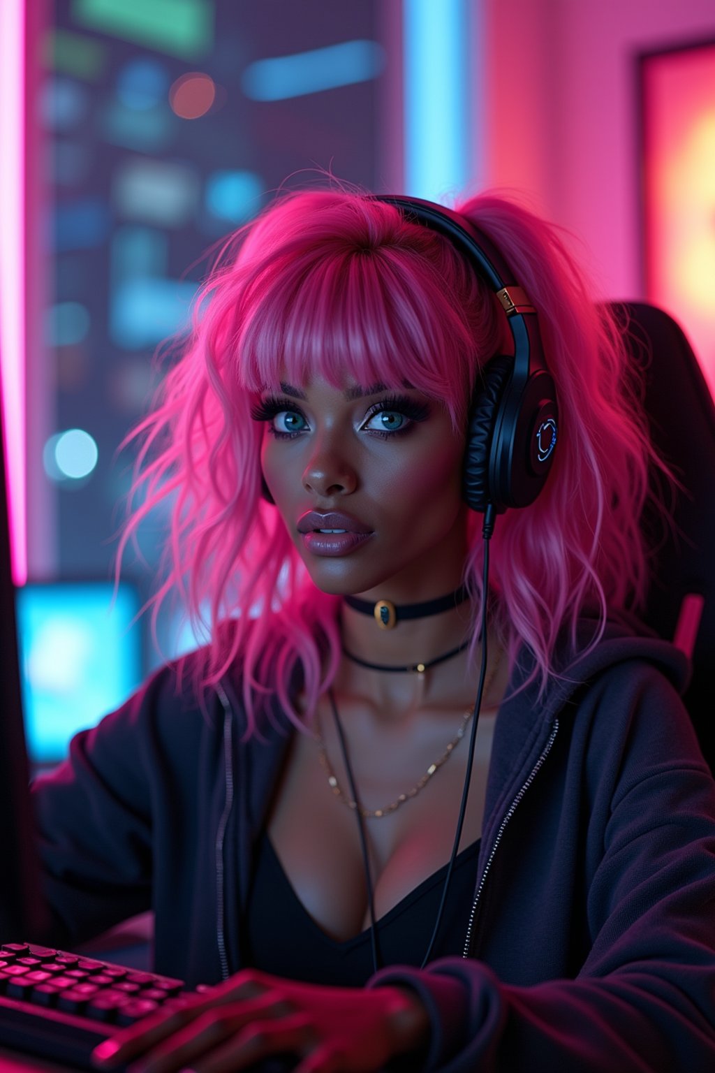 amazingly detailed woman, masterpiece, ultra hd, full shot, dynamic angle, beautiful girl, computer gamer, gaming computer, gaming chair, playing cyberpunk 2077, neon bedroom, streamer setup, , cyberpunk theme, wild long hair, Wavy Cut with Curtain Bangs, bubblegum pink hair, high detail hair, smokey eye shadow, high detail skin, high detail eyes, seductive eyes, smokey makeup