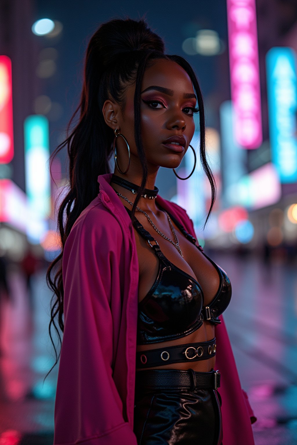 cosplayer woman in a cyberpunk outfit, posing against the backdrop of bright city lights