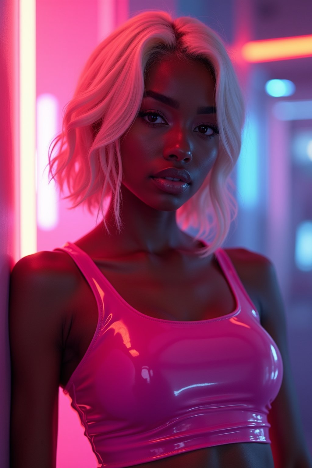 woman with platinum blonde hair, in neon bar, cyberpunk, pink latex crop top, professional award winning photography, beautiful detailed eyes, highly detailed glossy eyes, high detailed skin, skin pores