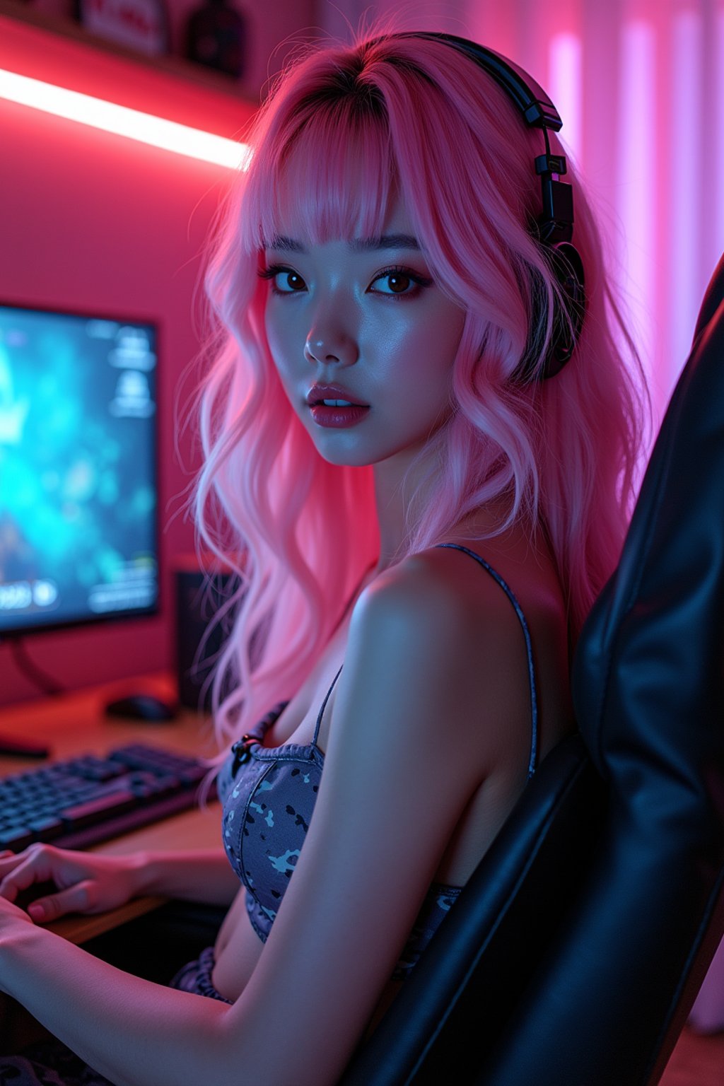 amazingly detailed woman, masterpiece, ultra hd, full shot, dynamic angle, beautiful girl, computer gamer, gaming computer, gaming chair, playing cyberpunk 2077, neon bedroom, streamer setup, , cyberpunk theme, wild long hair, Wavy Cut with Curtain Bangs, bubblegum pink hair, high detail hair, smokey eye shadow, high detail skin, high detail eyes, seductive eyes, smokey makeup