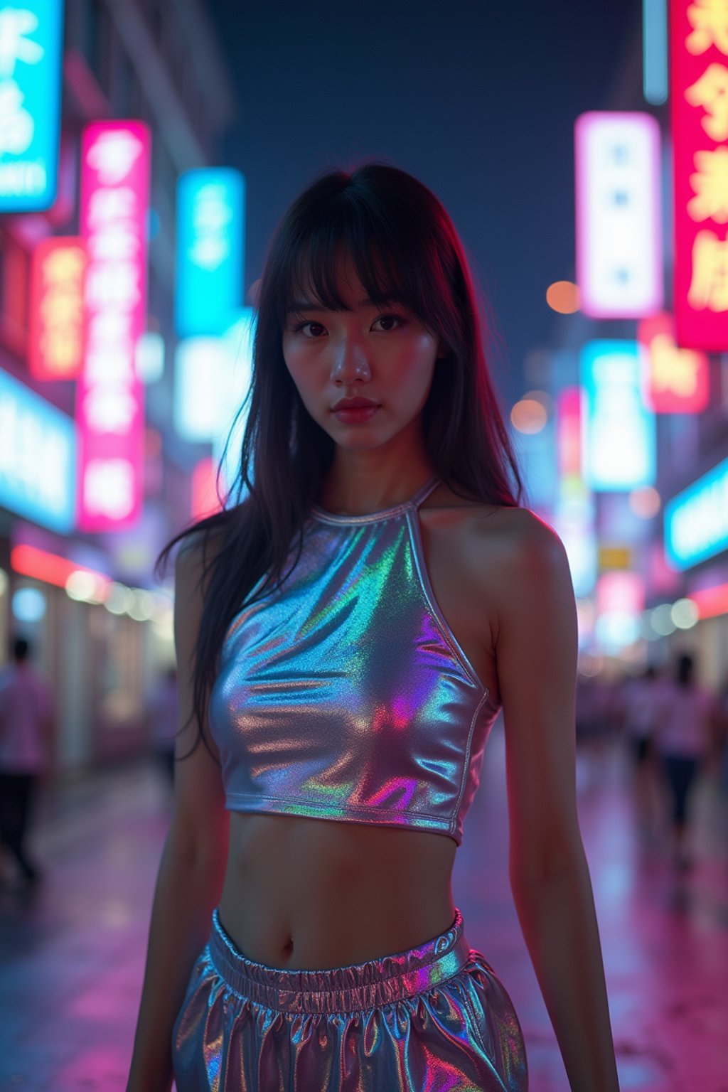 woman wearing holographic crop top and digital shorts  in a neon-lit Bladerunner-inspired cityscape