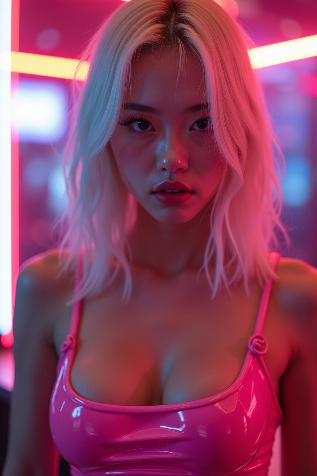 woman with platinum blonde hair, in neon bar, cyberpunk, pink latex crop top, professional award winning photography, beautiful detailed eyes, highly detailed glossy eyes, high detailed skin, skin pores