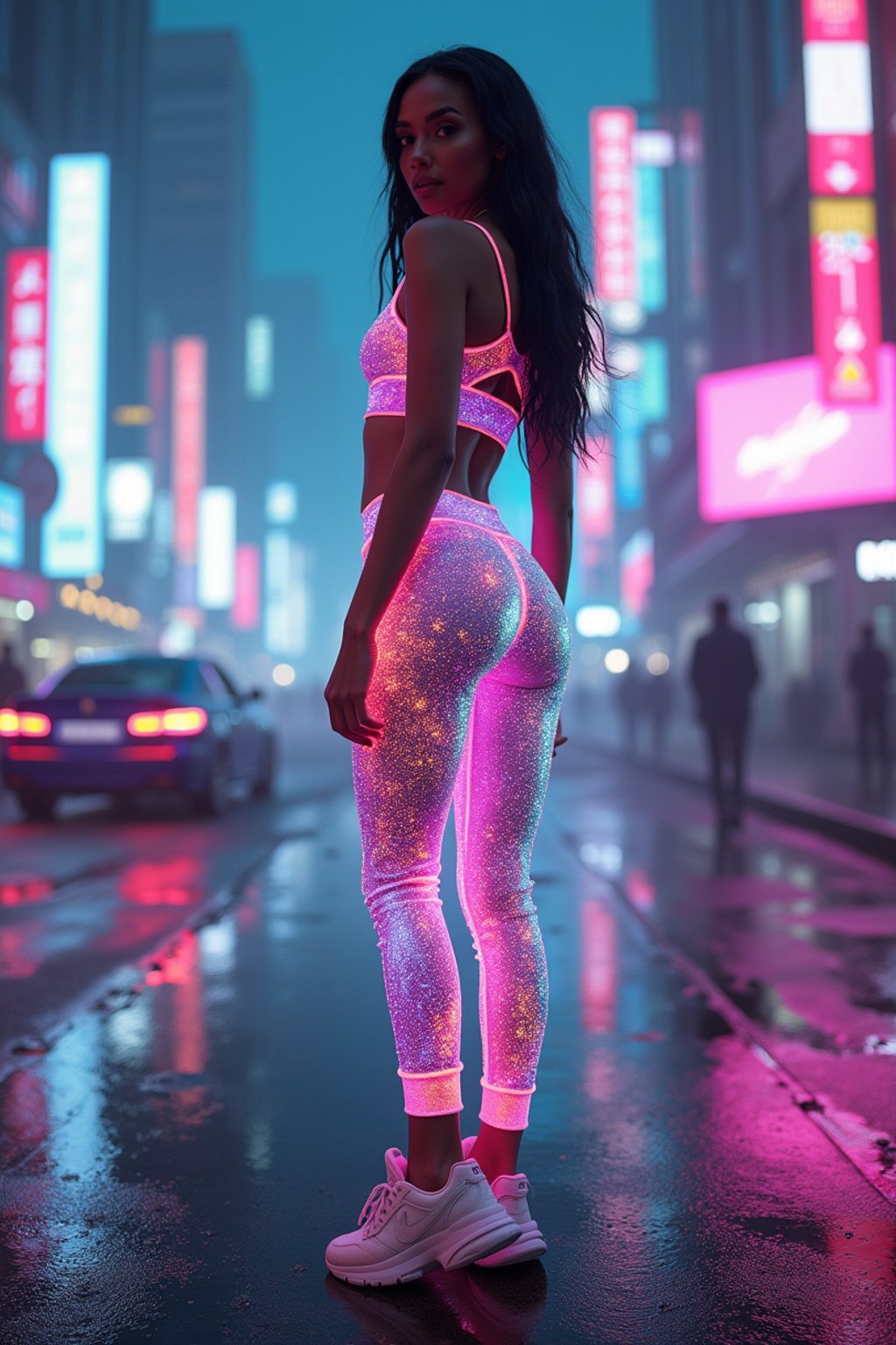 woman wearing sporty neon crop top  and holographic joggers in a dystopian digital cityscape