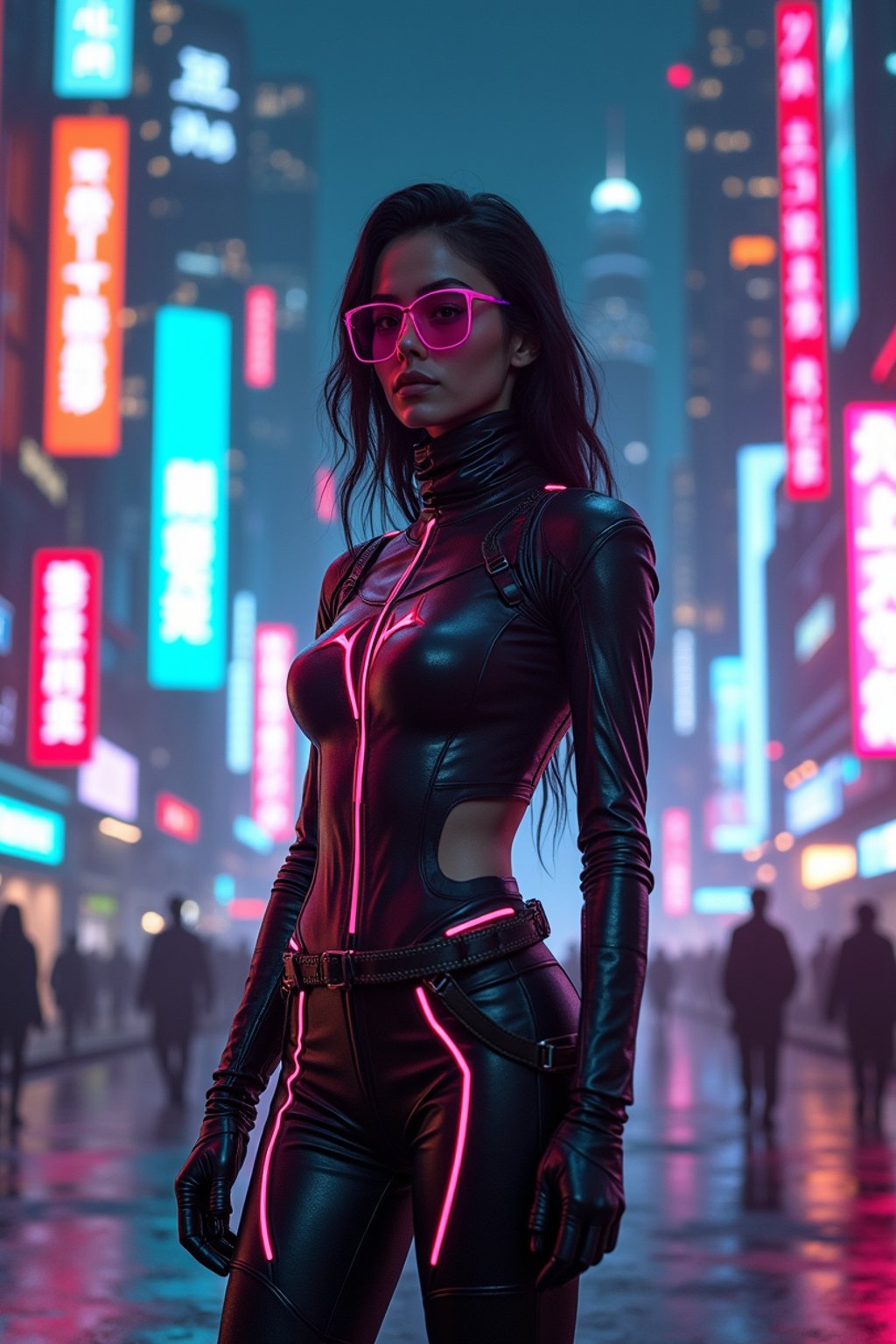 cyberpunk woman with futuristic cyberpunk neon clothes standing in cyberpunk city with neon lights city on Mars in future, neon billboards, skyscrapers