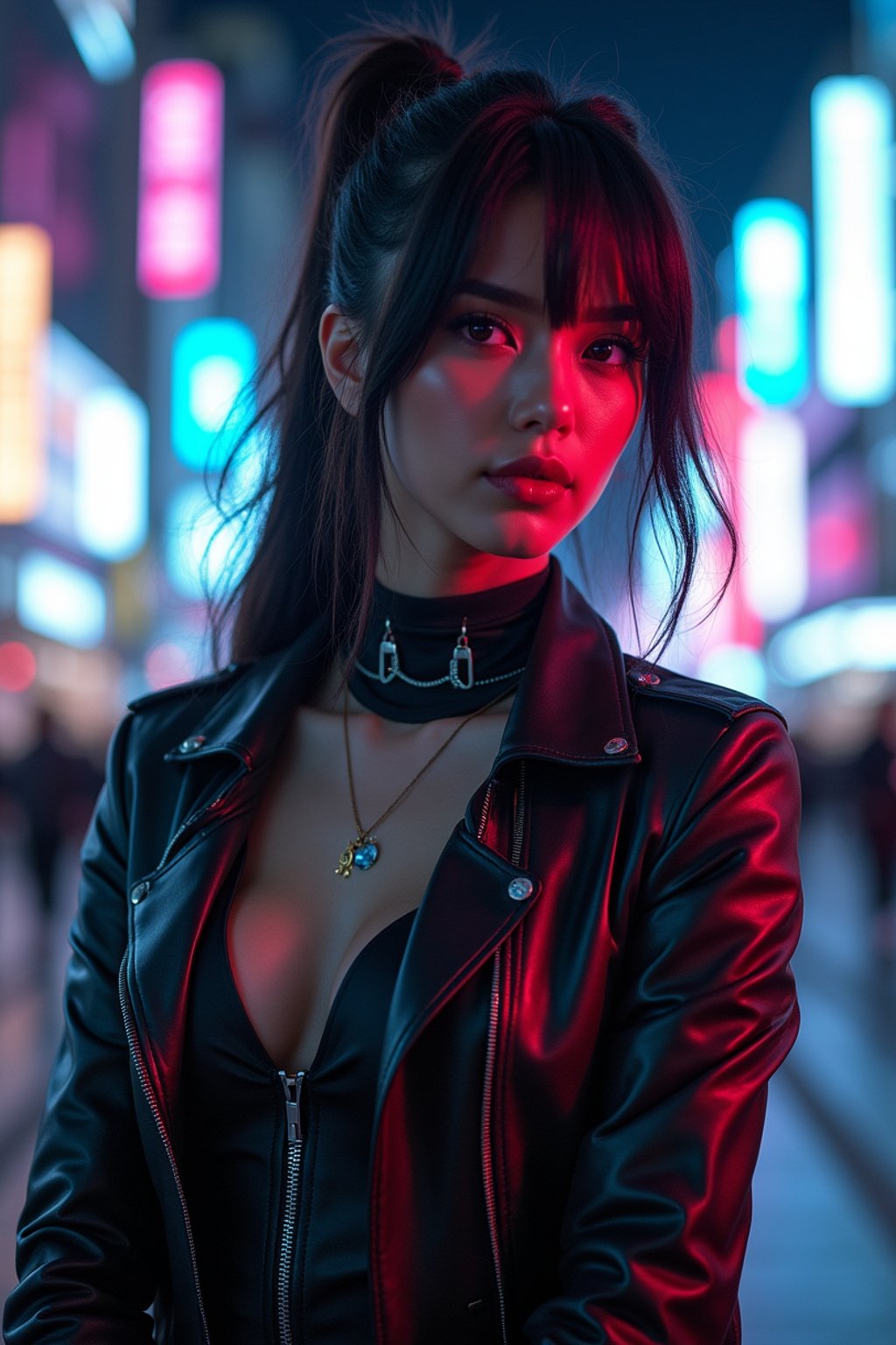 cosplayer woman in a cyberpunk outfit, posing against the backdrop of bright city lights