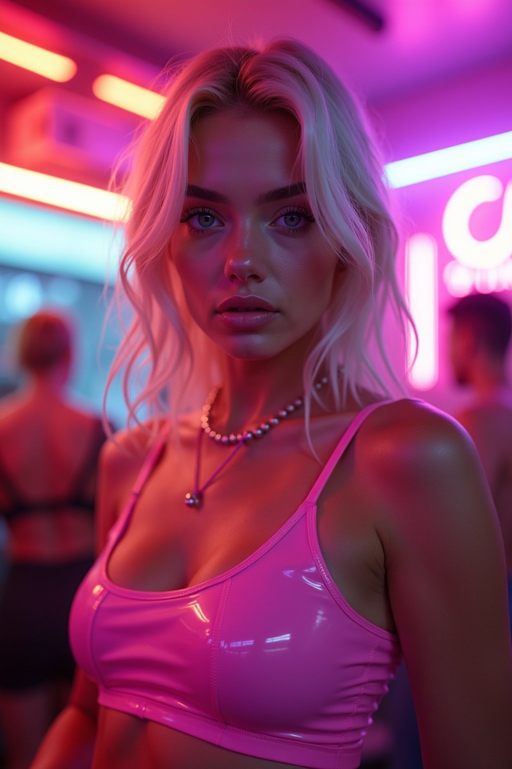 woman with platinum blonde hair, in neon bar, cyberpunk, pink latex crop top, professional award winning photography, beautiful detailed eyes, highly detailed glossy eyes, high detailed skin, skin pores