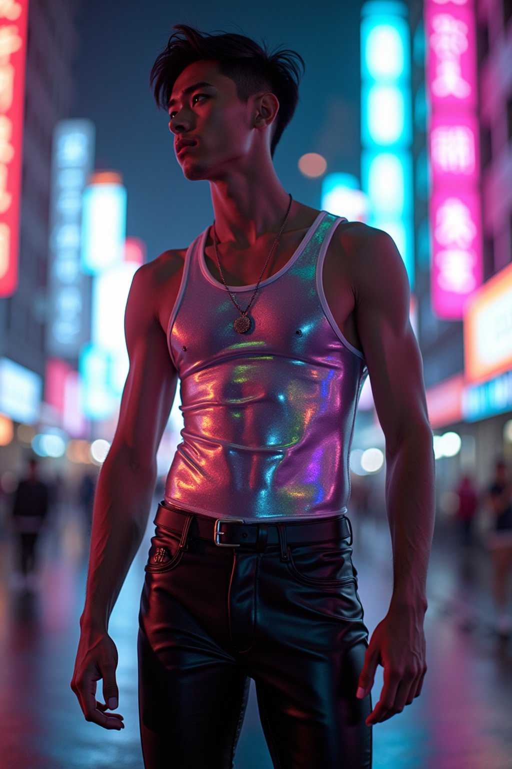 man wearing sleek leather pants with neon highlights and holographic top in a Bladerunner-inspired cityscape