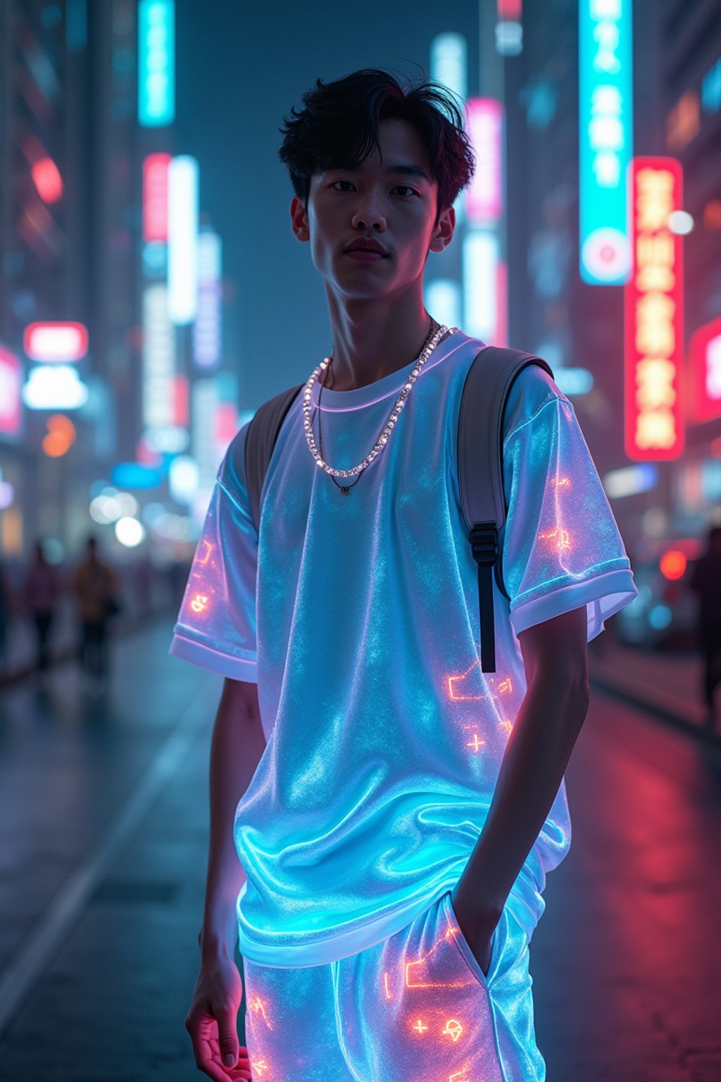 man wearing sporty neon  t-shirt and holographic joggers in a dystopian digital cityscape