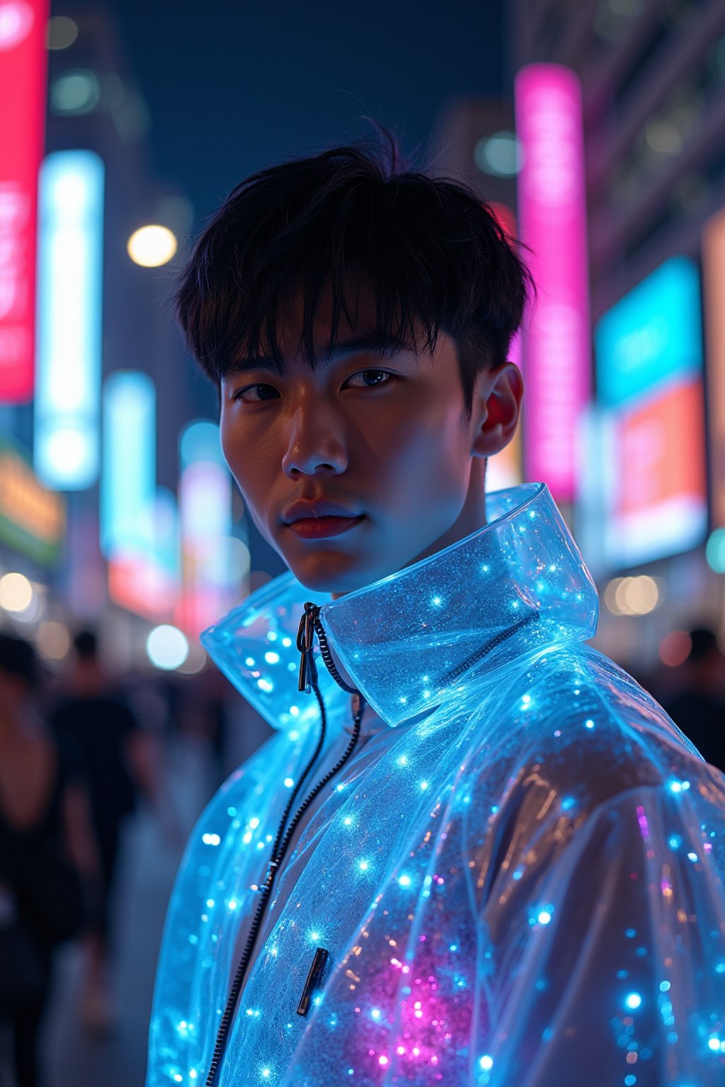 man wearing  holographic nightclub outfit in a cybernetic cityscape