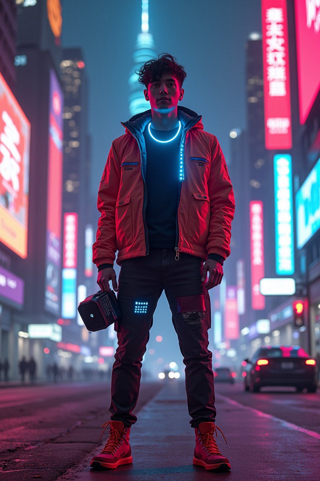 cyberpunk man with futuristic cyberpunk neon clothes standing in cyberpunk city with neon lights city on Mars in future, neon billboards, skyscrapers