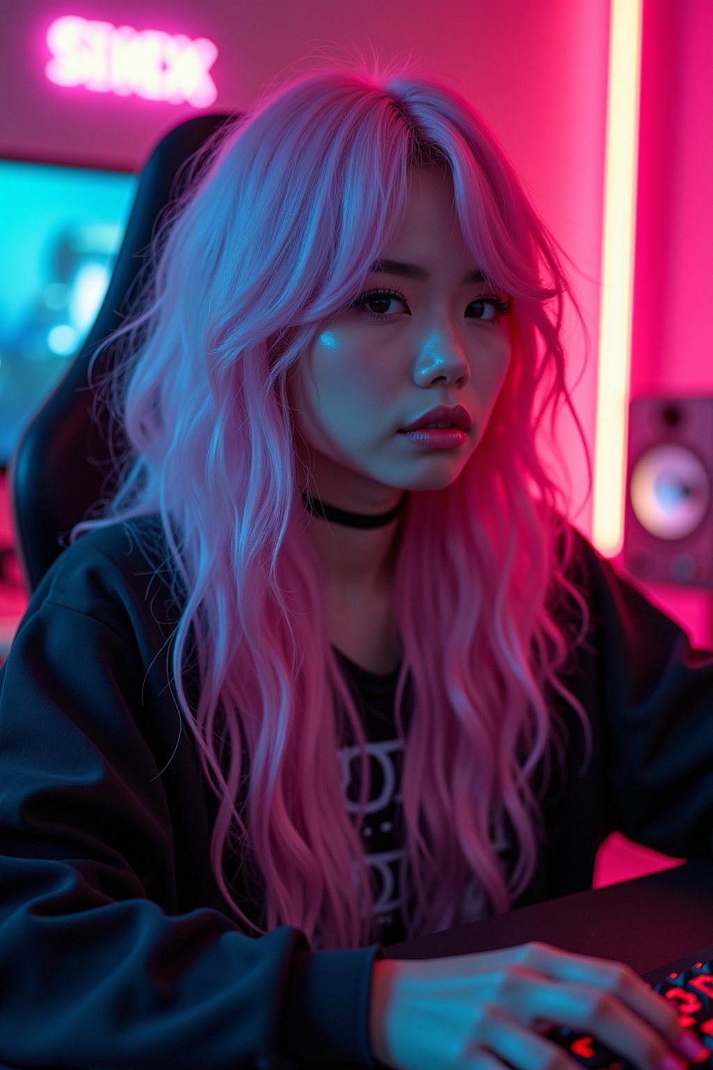 amazingly detailed man, masterpiece, ultra hd, full shot, dynamic angle, beautiful girl, computer gamer, gaming computer, gaming chair, playing cyberpunk 2077, neon bedroom, streamer setup, , cyberpunk theme, wild long hair, Wavy Cut with Curtain Bangs, bubblegum pink hair, high detail hair, smokey eye shadow, high detail skin, high detail eyes, seductive eyes, smokey makeup