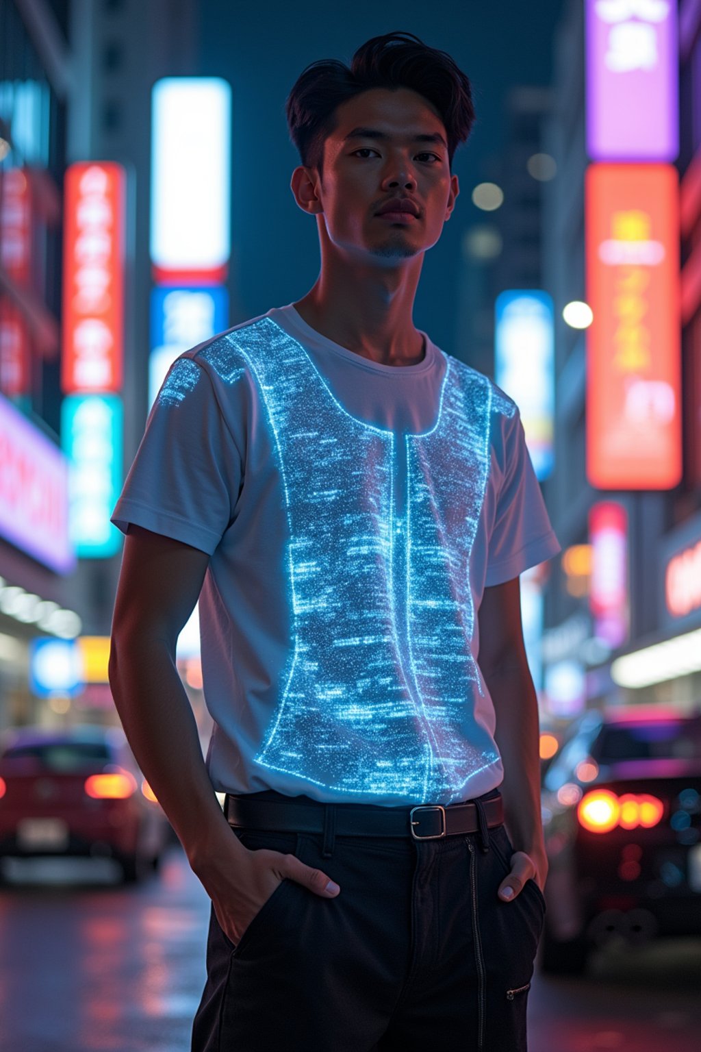 man wearing  holographic t-shirt and cybernetic trousers in a neon-lit Bladerunner-inspired cityscape