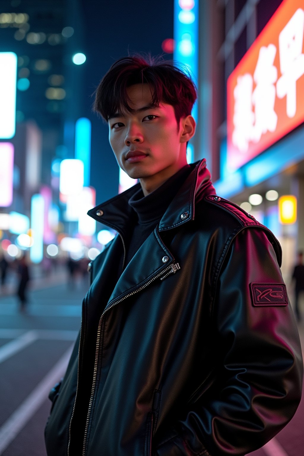 cosplayer man in a cyberpunk outfit, posing against the backdrop of bright city lights