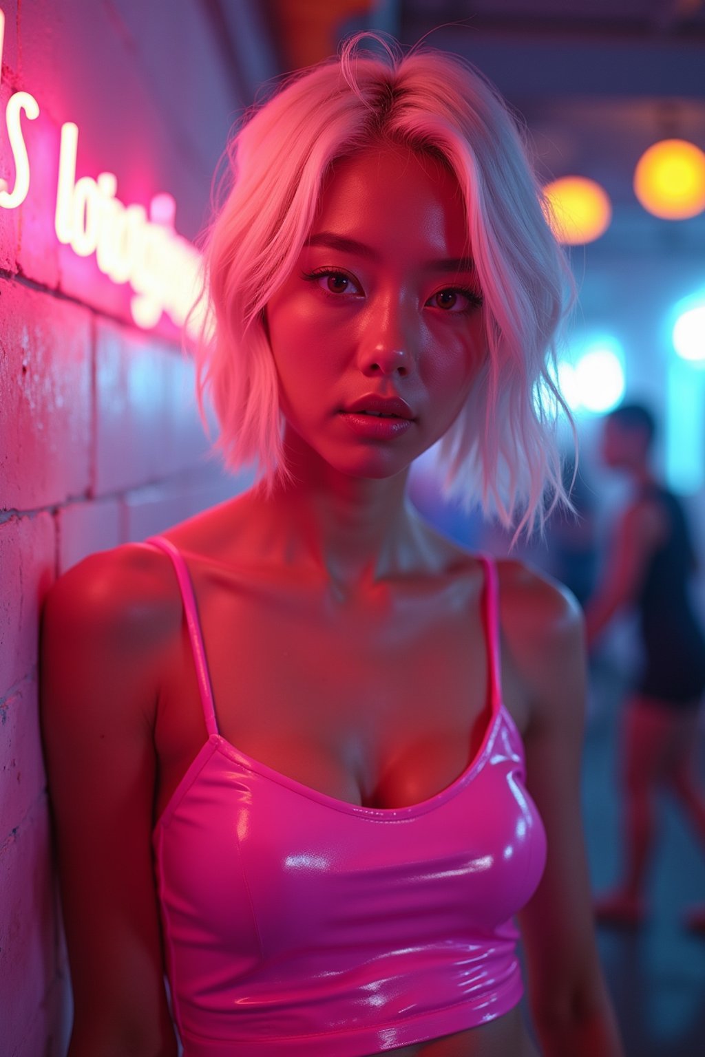 man with platinum blonde hair, in neon bar, cyberpunk, pink latex crop top, professional award winning photography, beautiful detailed eyes, highly detailed glossy eyes, high detailed skin, skin pores